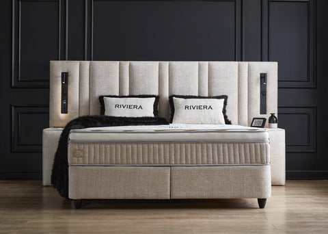 Designer box spring bed Riviera with Bluetooth music system & mattress & storage space
