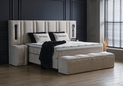 Designer box spring bed Riviera with Bluetooth music system & mattress & storage space
