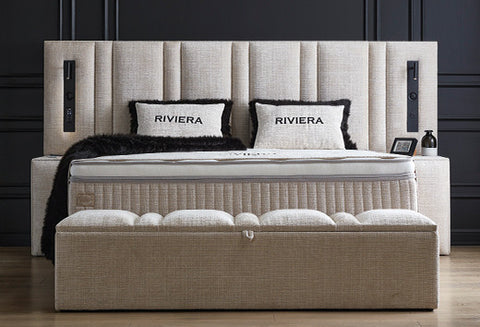 Designer box spring bed Riviera with Bluetooth music system & mattress & storage space