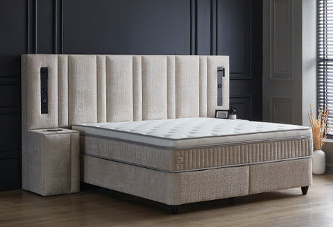 Designer box spring bed Riviera with Bluetooth music system & mattress & storage space