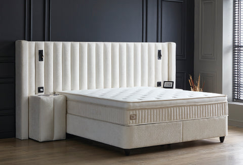 Designer box spring bed Sheraton White with lighting & mattress & storage space