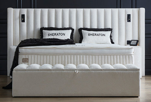 Designer box spring bed Sheraton White with lighting & mattress & storage space