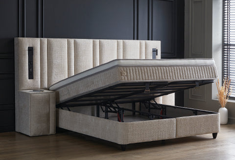 Designer box spring bed Riviera with Bluetooth music system & mattress & storage space