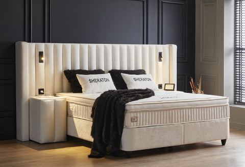 Designer box spring bed Sheraton White with lighting & mattress & storage space