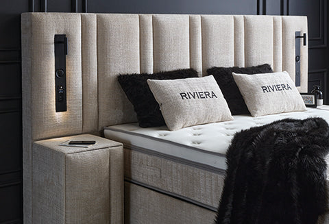Designer box spring bed Riviera with Bluetooth music system & mattress & storage space