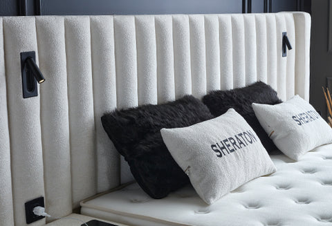 Designer box spring bed Sheraton White with lighting & mattress & storage space