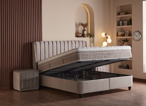 Designer Boxspringbett Bristol mit Beleuchtung & Matratze & Stauraum