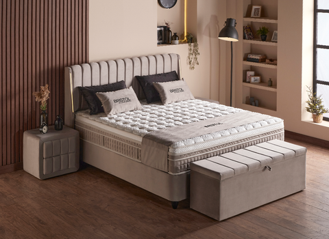 Designer Boxspringbett Bristol mit Beleuchtung & Matratze & Stauraum