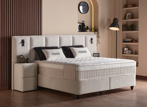 Designer Boxspringbett Lennon mit Beleuchtung & Matratze & Stauraum