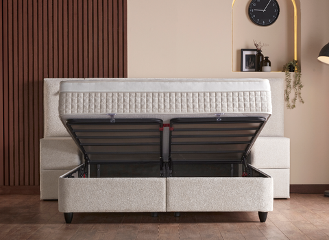 Designer Boxspringbett Lennon mit Beleuchtung & Matratze & Stauraum