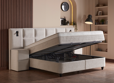 Designer Boxspringbett Lennon mit Beleuchtung & Matratze & Stauraum
