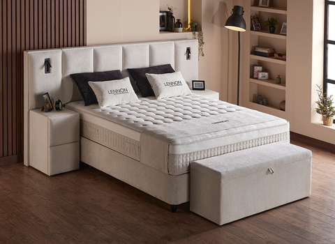 Designer Boxspringbett Lennon mit Beleuchtung & Matratze & Stauraum