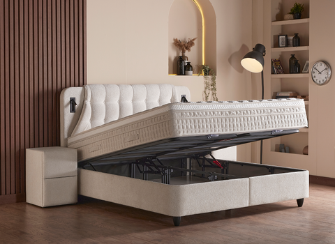 Designer Boxspringbett Olimpia mit Beleuchtung & Matratze & Stauraum