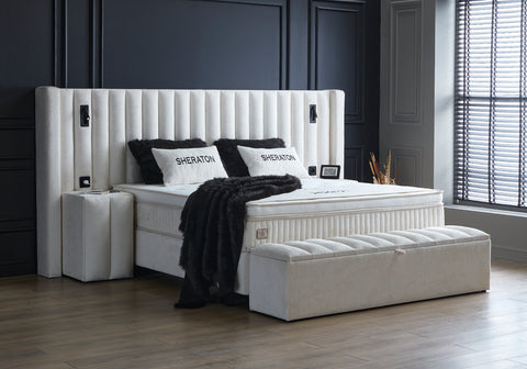 Designer box spring bed Sheraton White with lighting & mattress & storage space