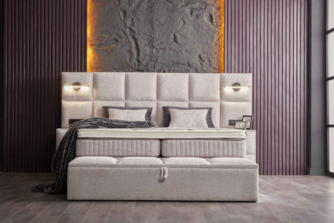 Designer box spring bed Libera with lighting & mattress & storage space