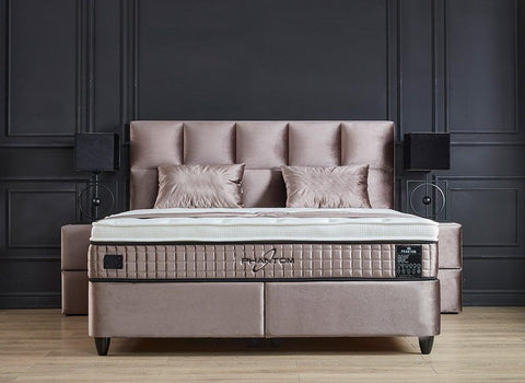 Designer box spring bed Phantom Beige including mattress & storage space