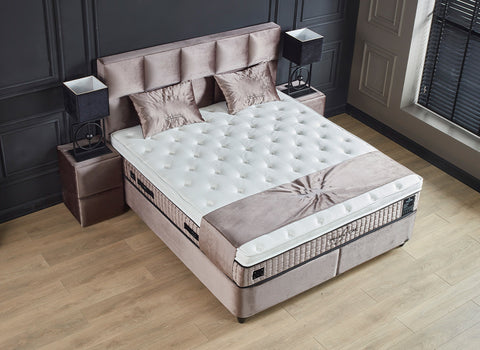 Designer box spring bed Phantom Beige including mattress & storage space