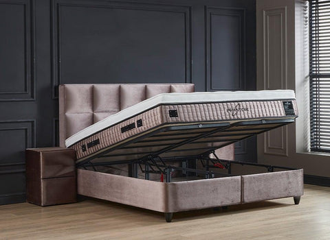 Designer box spring bed Phantom Beige including mattress & storage space