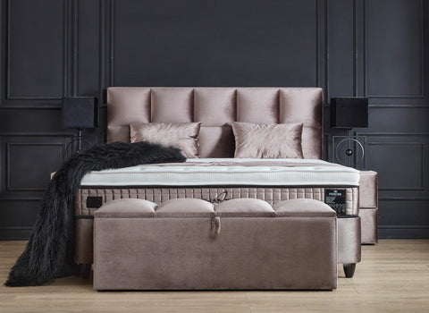 Designer box spring bed Phantom Beige including mattress & storage space