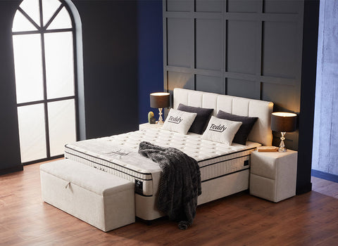 Designer box spring bed Teddy including mattress & storage space