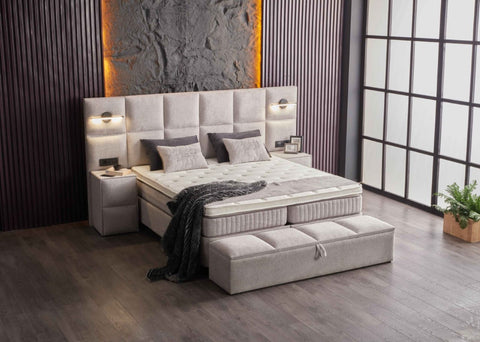 Designer box spring bed Libera with lighting & mattress & storage space
