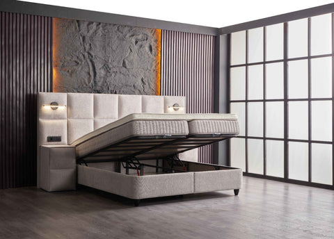 Designer box spring bed Libera with lighting & mattress & storage space