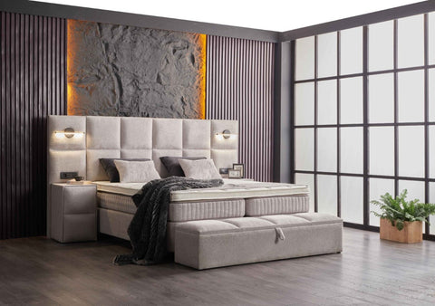 Designer box spring bed Libera with lighting & mattress & storage space