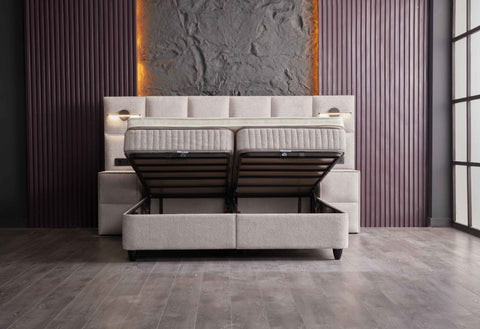 Designer box spring bed Libera with lighting & mattress & storage space