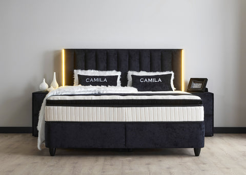 Designer box spring bed Camila with mattress &amp; storage space 