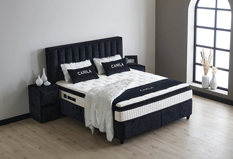 Designer box spring bed Camila with mattress &amp; storage space 