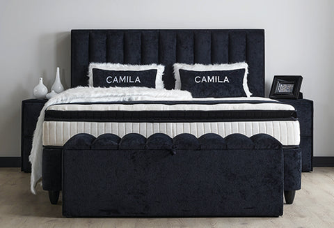 Designer box spring bed Camila with mattress &amp; storage space 