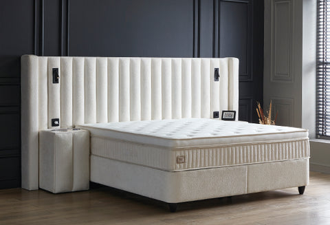 Designer Boxspringbett Sheraton White mit Beleuchtung & Matratze & Stauraum