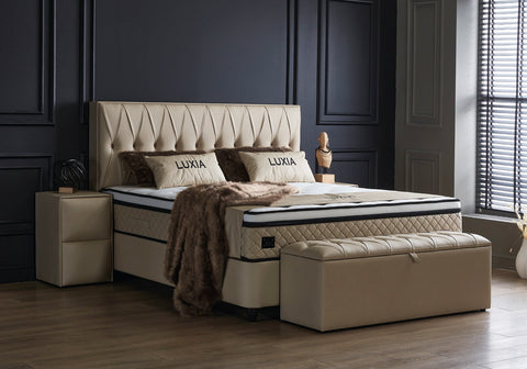 Designer box spring bed Luxia with mattress &amp; storage space 