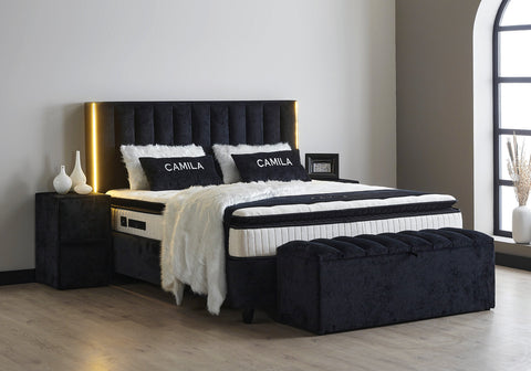 Designer box spring bed Camila with mattress &amp; storage space 