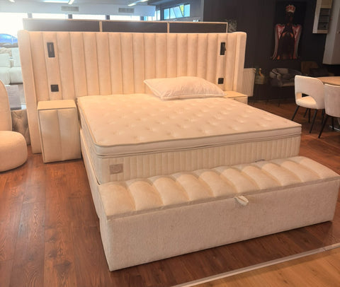 Designer Boxspringbett Sheraton White mit Beleuchtung & Matratze & Stauraum