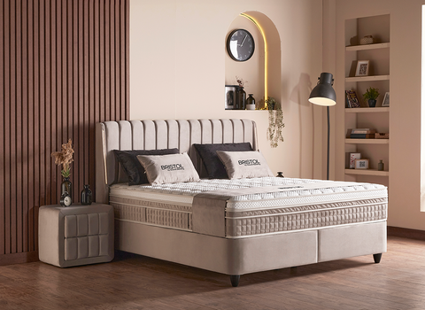 Designer Boxspringbett Bristol mit Beleuchtung & Matratze & Stauraum