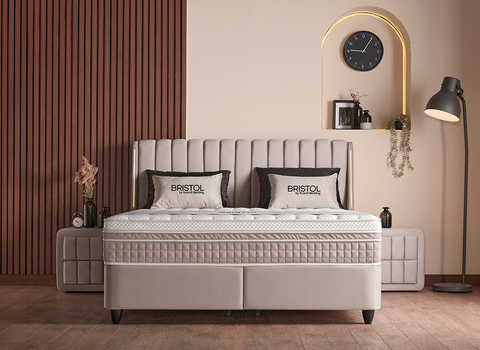 Designer Boxspringbett Bristol mit Beleuchtung & Matratze & Stauraum