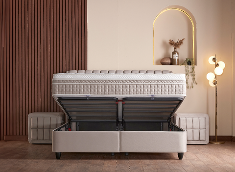 Designer Boxspringbett Bristol mit Beleuchtung & Matratze & Stauraum
