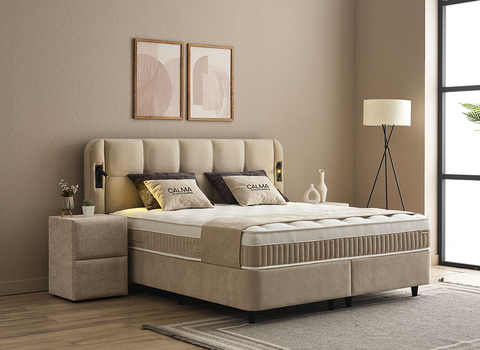 Designer Boxspringbett Calma mit Beleuchtung & Matratze & Stauraum