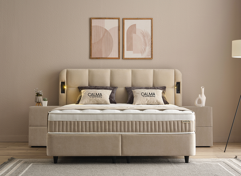 Designer Boxspringbett Calma mit Beleuchtung & Matratze & Stauraum