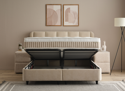 Designer Boxspringbett Calma mit Beleuchtung & Matratze & Stauraum