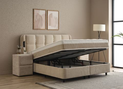 Designer Boxspringbett Calma mit Beleuchtung & Matratze & Stauraum