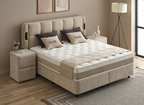 Designer Boxspringbett Calma mit Beleuchtung & Matratze & Stauraum