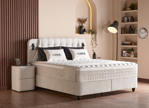 Designer Boxspringbett Olimpia mit Beleuchtung & Matratze & Stauraum