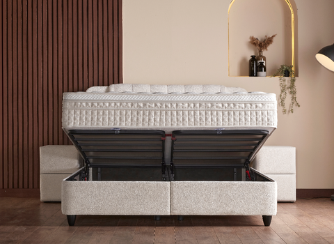 Designer Boxspringbett Olimpia mit Beleuchtung & Matratze & Stauraum
